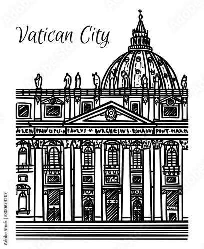 Line art drawing of St. Peter's Basilica in Vatican City, architecture tourism landmark, travel destination illustration