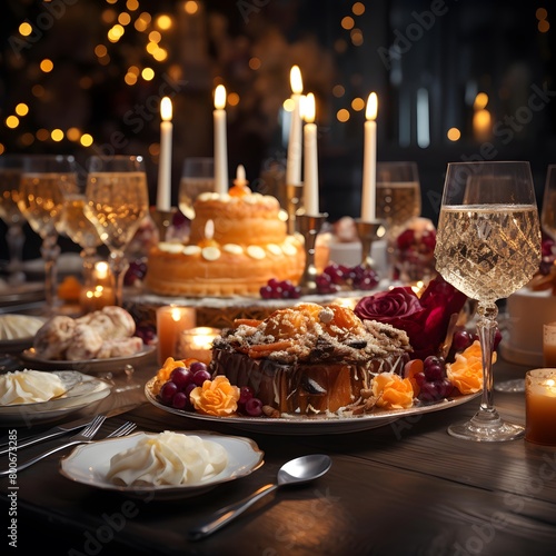 Festive table setting for wedding or birthday party. Glasses of white wine, candles, cutlery, cake, fruits, candles on a wooden table. © I