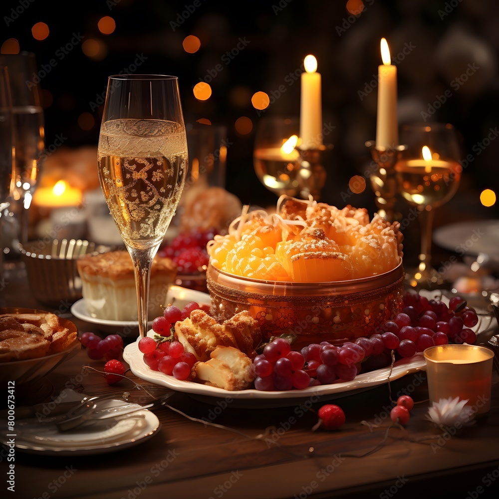 Festive table served for Christmas and New Year dinner. Candles and glasses of wine on background.