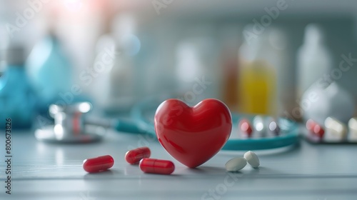 Representation of a health insurance. Decorated with health-related objects such as heart shaped, pills, stethoscope, and meds.