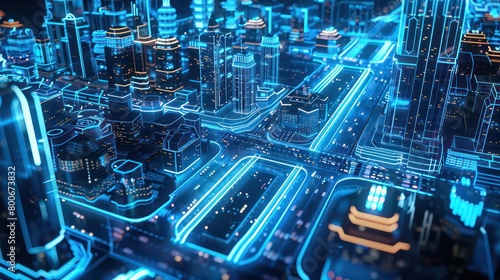 Urban infrastructure of a smart city with blue neon lighting