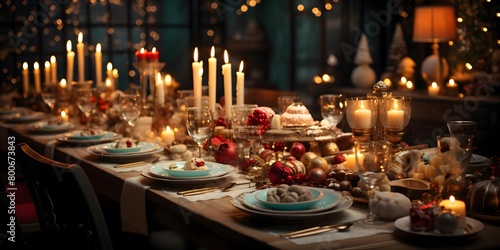 Christmas table with candles in a dark room. Panoramic banner