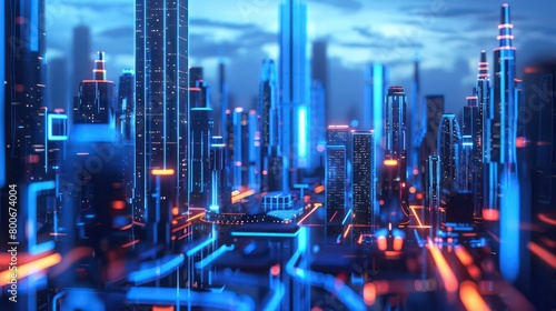 Urban infrastructure of a smart city with blue neon lighting