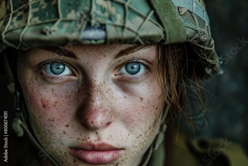 Close-up portrait of a focused female soldier in camouflage gear, showcasing her piercing blue eyes and the subtle details of her freckled face, conveying strength and determination