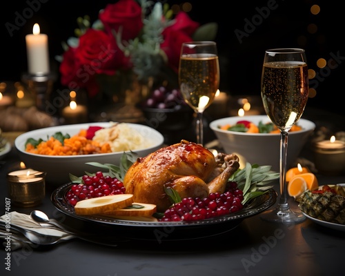Garnished Christmas table with roasted turkey, cranberry, wine, and candles