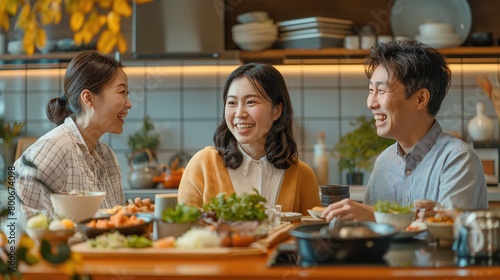 Happy asian family enjoy eating healthy food in the kitchen at home