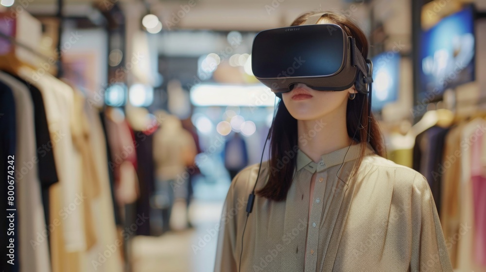 Woman Trying Virtual Reality Headset in Store Woman Trying Virtual Reality Headset in Store
