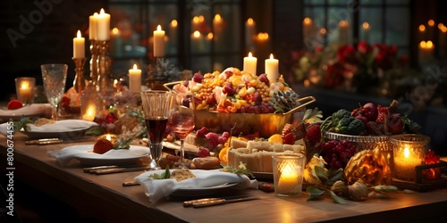 Wedding Banquet table in a restaurant. Table decorated with food and candles.
