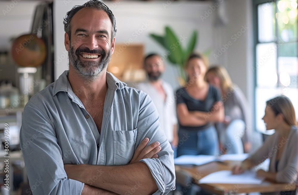 a smiling entrepreneur stands before his team of employees a smiling entrepreneur stands before his team of employees