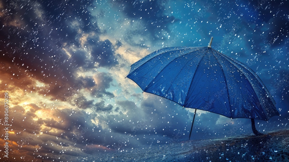 A blue umbrella is standing in the rain. The sky is cloudy and the sun is setting