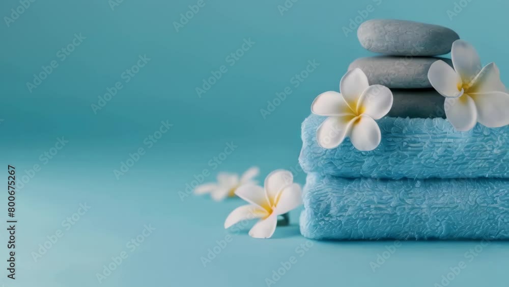 A stack of blue towels with white flowers on top A stack of blue towels with white flowers on top