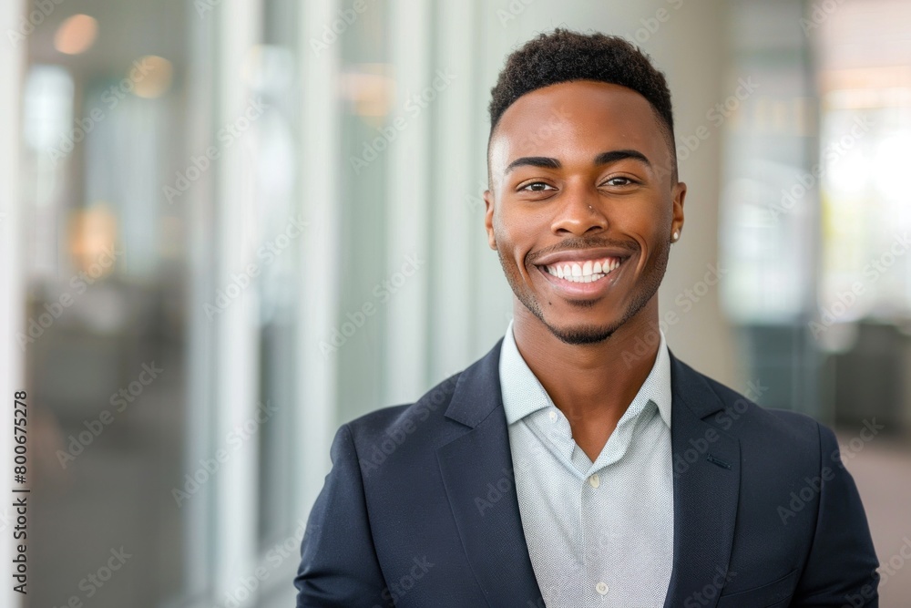 Confident young professional man in a suit exudes warmth and positivity with his friendly smile in a modern office setting Confident young professional man in a suit exudes warmth and positivity with his friendly smile in a modern office setting