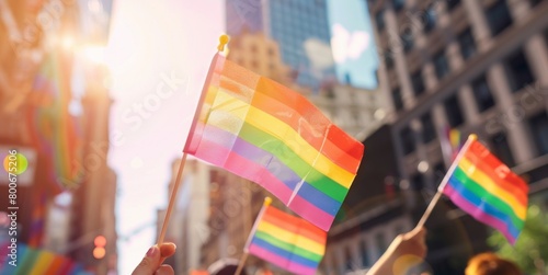 an outdoor pride event shows people holding rainbow flags