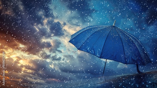 A blue umbrella is standing in the rain. The sky is cloudy and the sun is setting