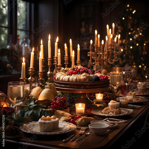 Festive table with sweets, candlesticks and candles in the dark