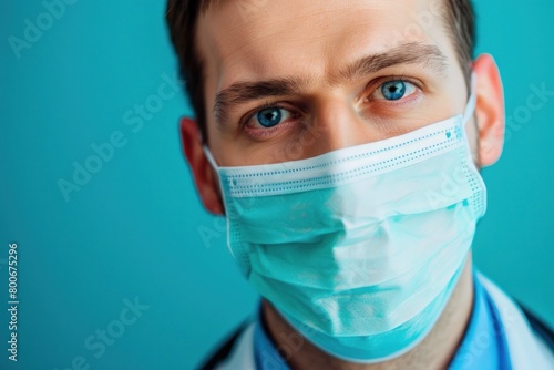 Close-up portrait of a male doctor wearing a surgical mask, with a focused expression, representing healthcare safety in challenging times against a turquoise backdrop © Minerva Studio