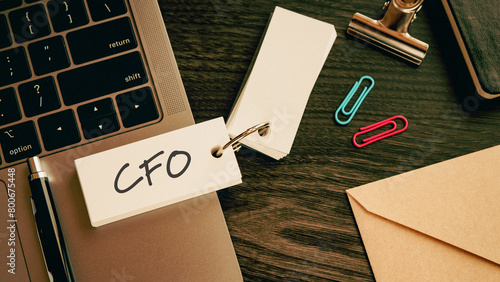 There is word card with the word CFO. It is an abbreviation for Chief Financial Officer as eye-catching image.