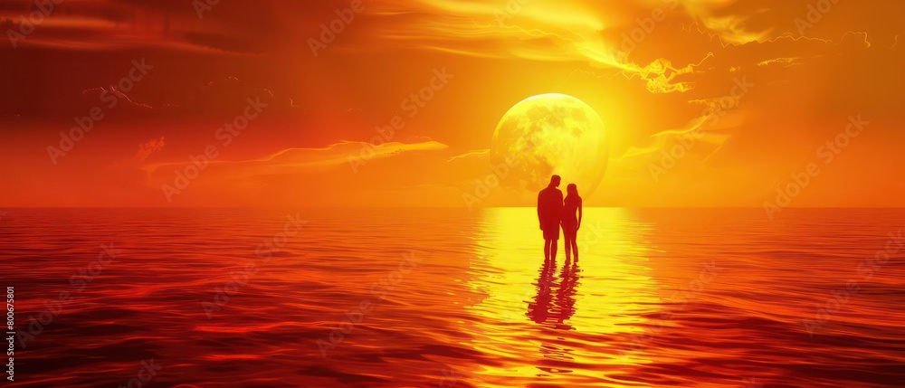 couple in a realistic sun down on a ocean couple in a realistic sun down on a ocean