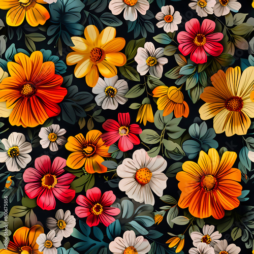 Seamless pattern of flowers with pink blue and orange background. 