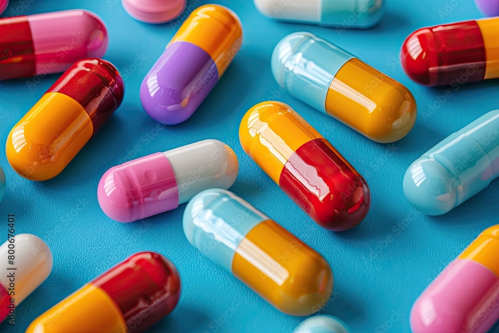 A colorful array of pills are laid out on a blue background. The pills are of various colors and sizes, and they are arranged in a way that creates a visually appealing pattern A colorful array of pills are laid out on a blue background. The pills are of various colors and sizes, and they are arranged in a way that creates a visually appealing pattern