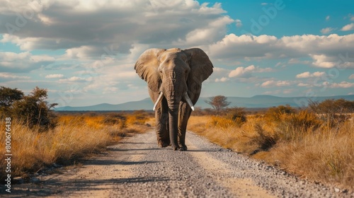Big African Elephant on the gravel road with blue sky