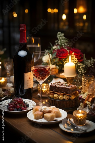 Romantic dinner with wine and sweets on the table in a restaurant