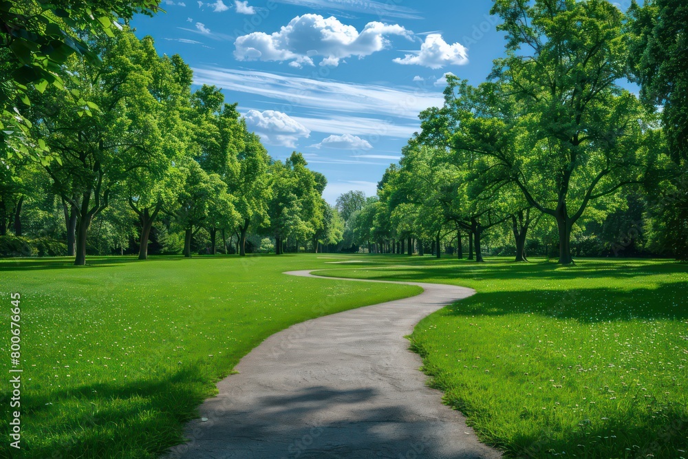 curving pathway in a park, vibrant green grass on either side, rows of lush trees, clear blue sky with scattered clouds above curving pathway in a park, vibrant green grass on either side, rows of lush trees, clear blue sky with scattered clouds above