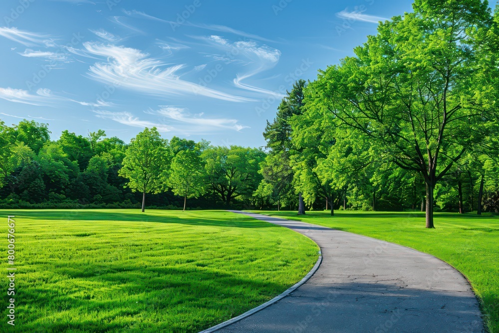 curving pathway in a park, vibrant green grass on either side, rows of lush trees, clear blue sky with scattered clouds above