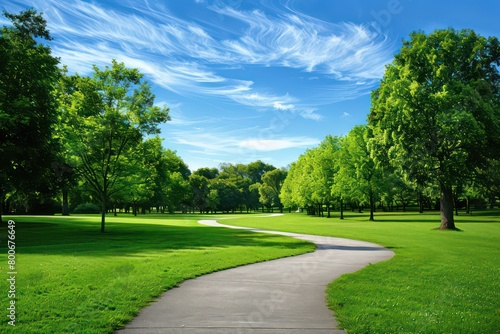 curving pathway in a park, vibrant green grass on either side, rows of lush trees, clear blue sky with scattered clouds above photo