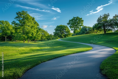 curving pathway in a park, vibrant green grass on either side, rows of lush trees, clear blue sky with scattered clouds above