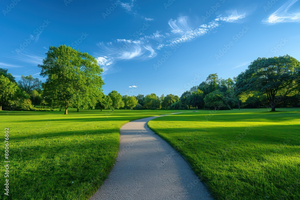 curving pathway in a park, vibrant green grass on either side, rows of lush trees, clear blue sky with scattered clouds above