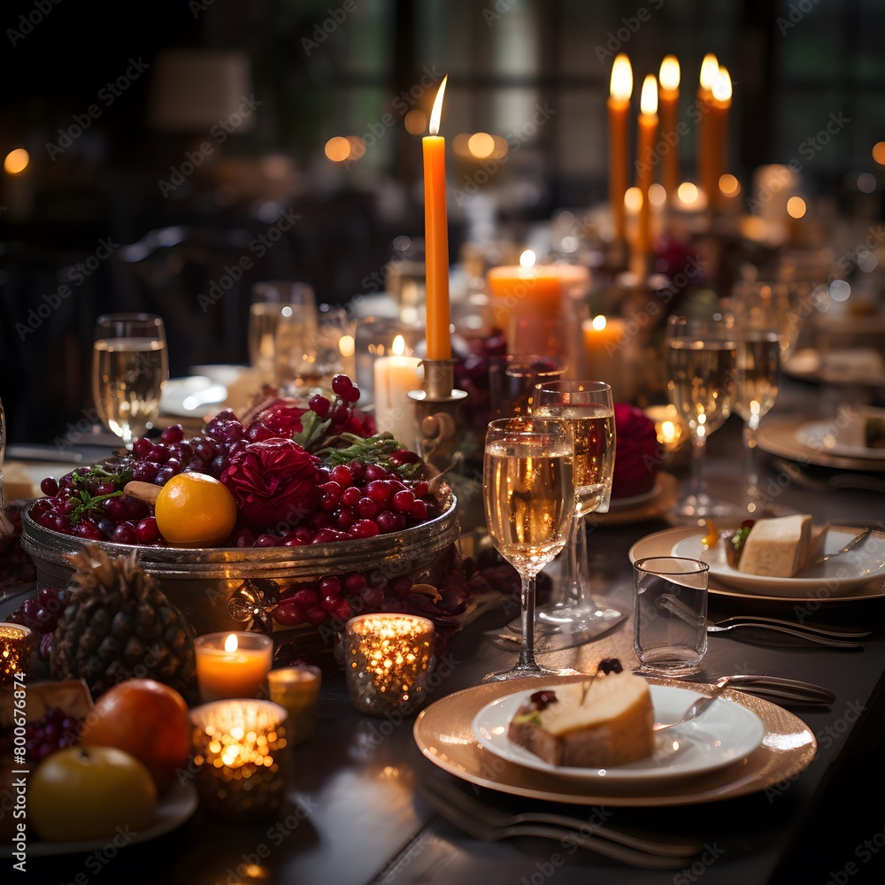 Table setting for christmas dinner. Festive table decoration with candles and fruits