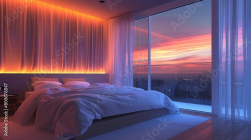 Twilight Glow in Modern Bedroom With Ocean View