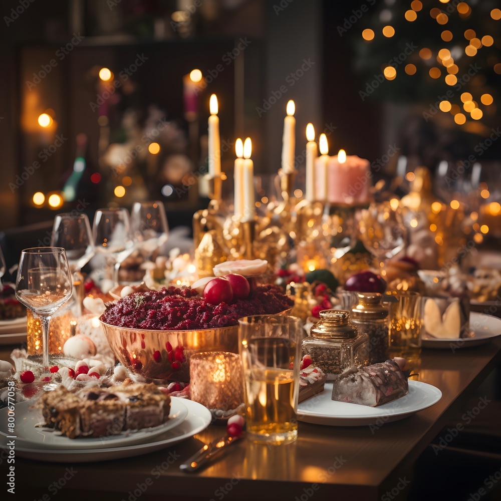Festive table with sweets and candlesticks. Selective focus.
