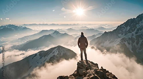 Cinematic Footage Video of Man Standing Successful on Mountain Top photo