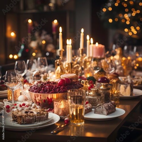 Festive table with sweets and candlesticks. Selective focus. © I