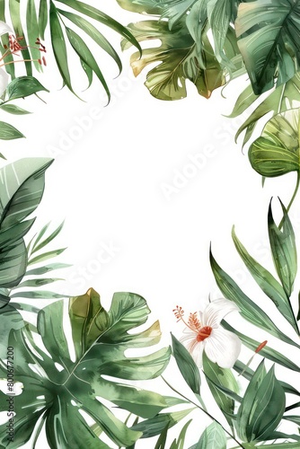 exotic tropical leaves border  delicate watercolour  muted colours  elegant flowers  handpainted look  white background  elegant  delicate  tropical  watercolour  border