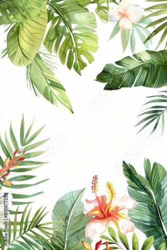 exotic tropical leaves border  delicate watercolour  muted colours  elegant flowers  handpainted look  white background  elegant  delicate  tropical  watercolour  border