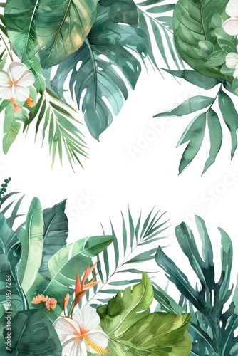 exotic tropical leaves border  delicate watercolour  muted colours  elegant flowers  handpainted look  white background  elegant  delicate  tropical  watercolour  border