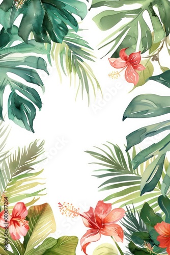 exotic tropical leaves border, delicate watercolour, muted colours, elegant flowers, handpainted look, white background, elegant, delicate, tropical, watercolour, border