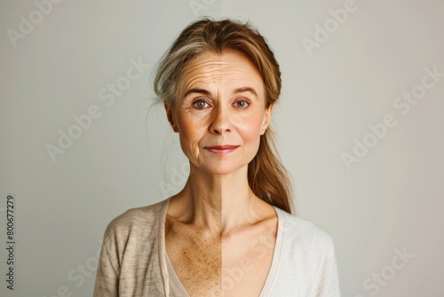 Woman's age and portrait improvement in skincare enhance aging stage and lead to a face lift and anti wrinkle treatment.