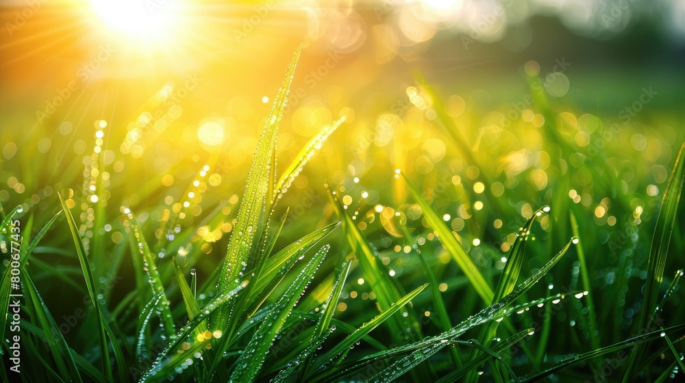A field of grass with dew drops on it. The dew drops are scattered throughout the field, creating a serene and peaceful atmosphere. The sun is shining brightly, casting a warm glow on the grass