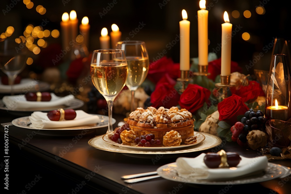 Romantic dinner table with wine and sweets, close-up.