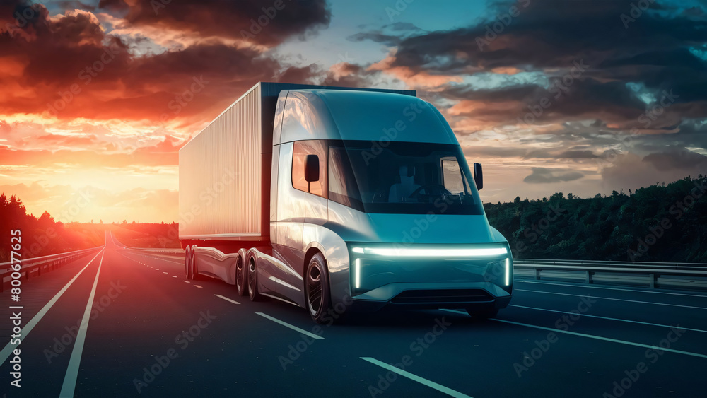 Concept design of a futuristic electric trucks on the highway, future sustainable logistics concepts Concept design of a futuristic electric trucks on the highway, future sustainable logistics concepts
