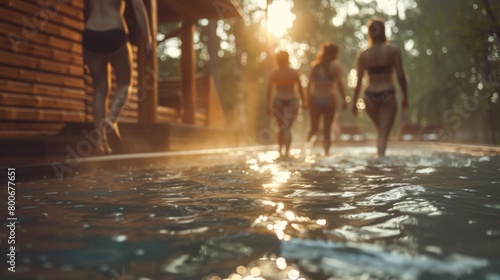 A group of friends stepping out of a sauna cabin and heading towards a chilly pool.. © Justlight