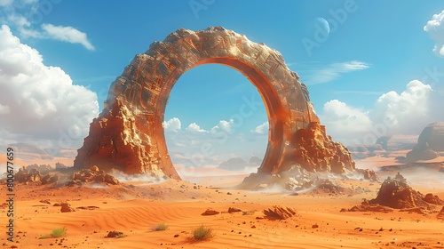 A fantastical gate entrance is depicted within a vast desert landscape, dominated by sweeping dunes and an expansive, clear sky photo