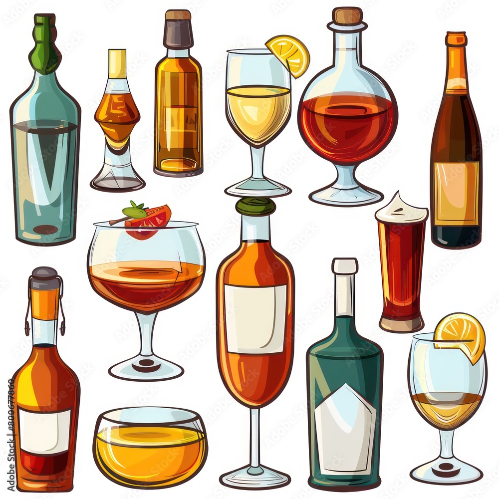 alcoholic beverages in bottles and glasses, in glasses: draw style depiction of drink variety and glassware diversity alcoholic beverages in bottles and glasses, in glasses: draw style depiction of drink variety and glassware diversity