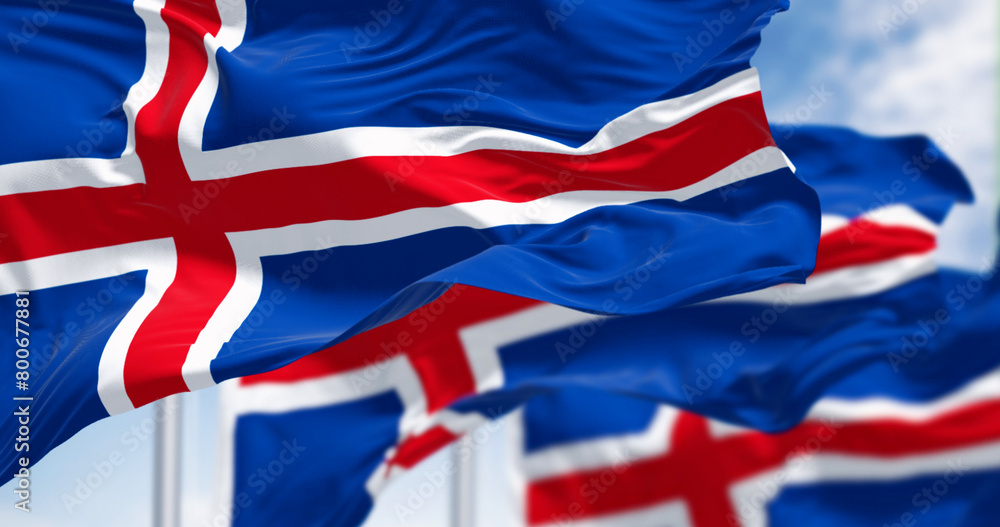 Fototapeta premium Close-up of two Iceland national flags waving
