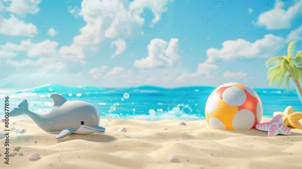 Obraz premium Blank mockup of a playful beach flag with a cartoon dolphin and beach ball print perfect for a familyfriendly beach event. .
