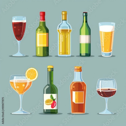 alcoholic beverages in bottles and glasses  in glasses  draw style depiction of drink variety and glassware diversity